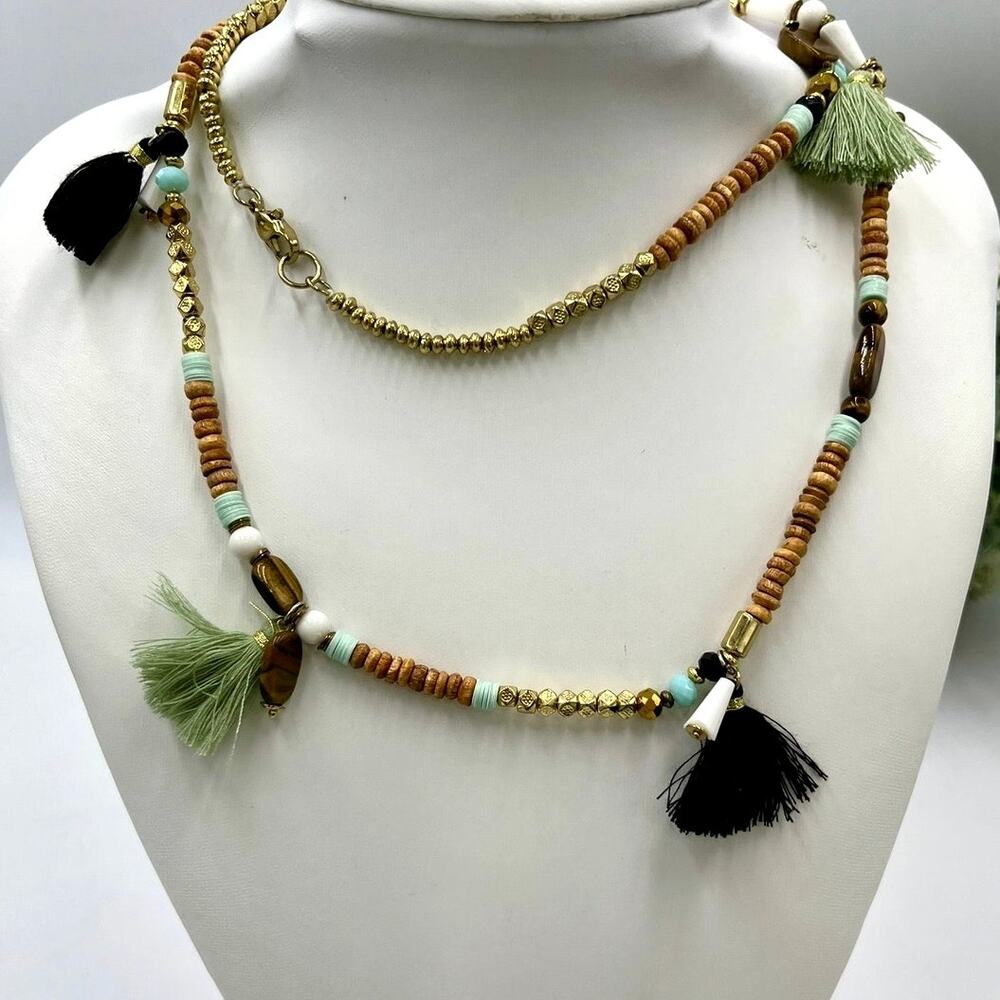 Lisa Robertson Wood Beaded Multicolor Tassel Bohemian Gold Tone Necklace New‎